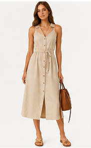 Linen Button-Front Midi Dress